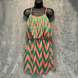 Poema Womens Medium Chevron Mini Dress Coral Green Zig Zag Spaghetti Strap USA
